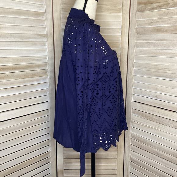 Anthropologie Seen Worn Kept Navy Cotton Eyelet Ruffle High Neck Blouse 6 - Picture 4 of 8